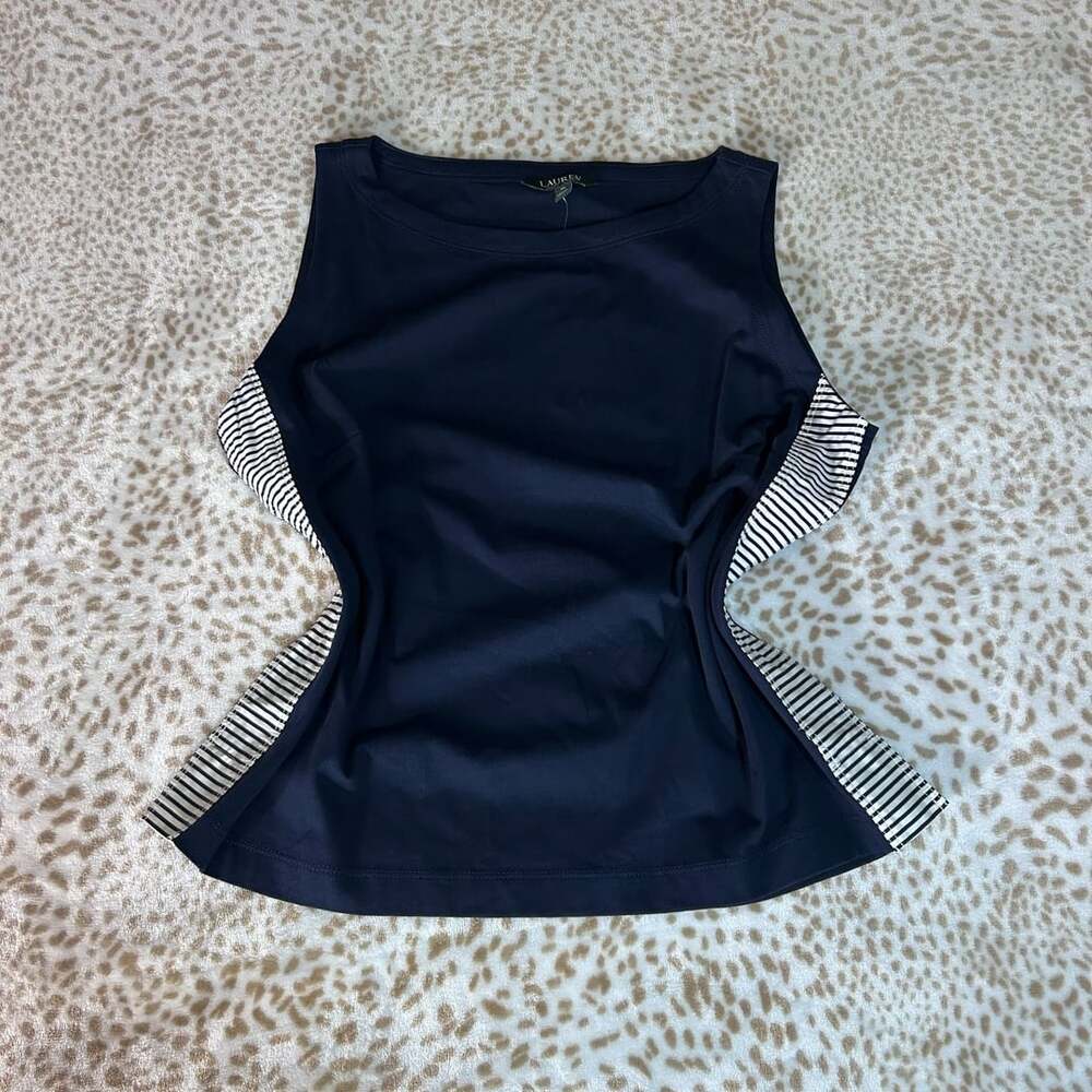 Lauren Ralph Lauren Cotton Jersey Top Size XL Indigo Navy Striped Side